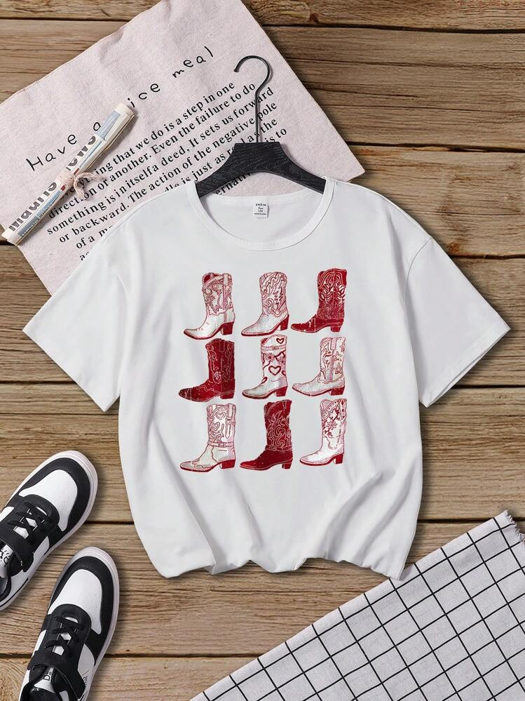 Young Girls' Boot Printed Round Neck Summer Casual Short Sleeve T-Shirt | SHEIN USA | SHEIN