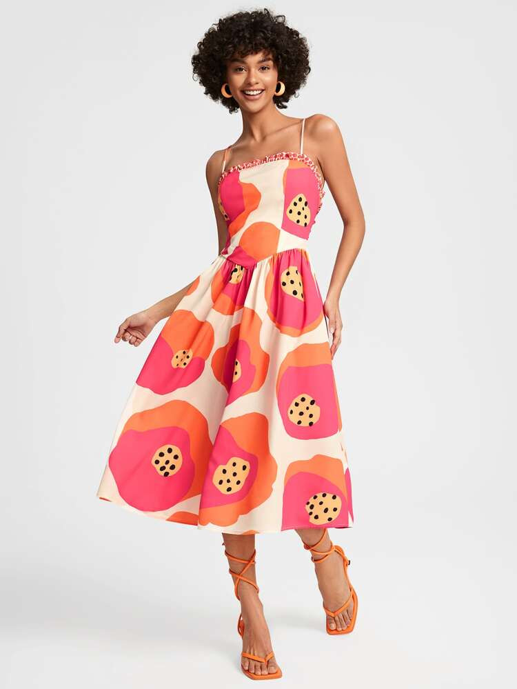 SHEIN X VALERIA GALIPOLI Graphic Print Frill Trim Cami Dress | SHEIN