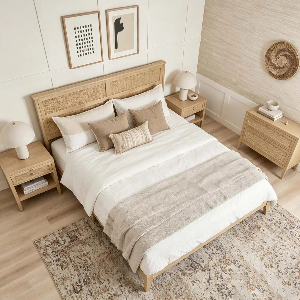 Solid Wood Bed with Rattan Headboard,Rubber Wood Bed with Central Support Beams and Enhanced Feet | Wayfair North America