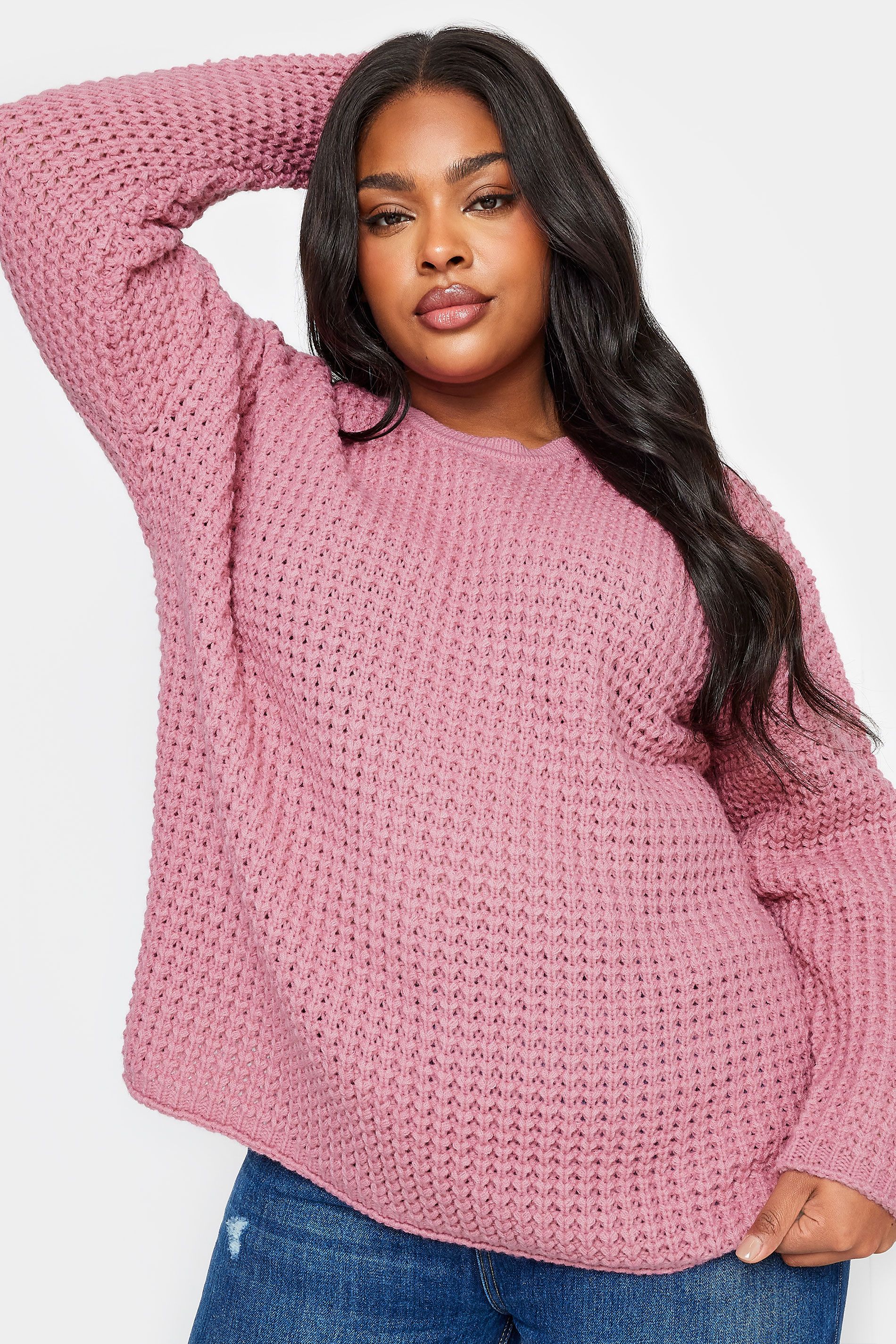 YOURS Plus Size Pink Waffle Knit Jumper | Yours Clothing UK
