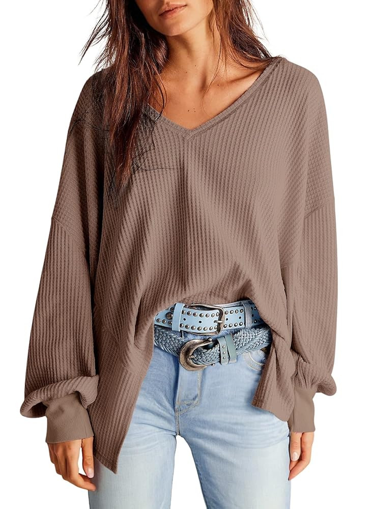 Dokotoo Womens Waffle Knit Tops Fashion 2025 Long Lantern Sleeve Casual Blouses V Neck Oversized ... | Amazon (US)