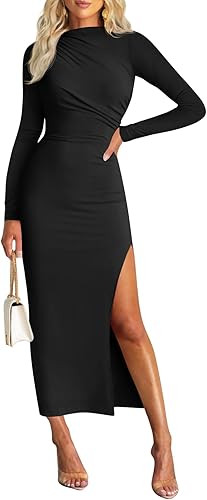 MIROL Women's 2025 Fall Long Sleeve Maxi Dress Mock Neck Side Slit Ruched Business Casual Wedding... | Amazon (US)