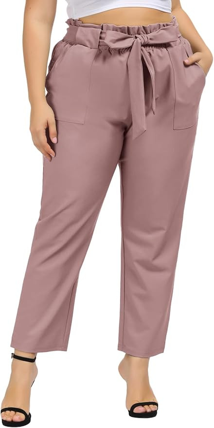 Hanna Nikole Women's Plus Size Cropped Paper Bag Waist Self-tie Belted Pants with Pockets | Amazon (US)