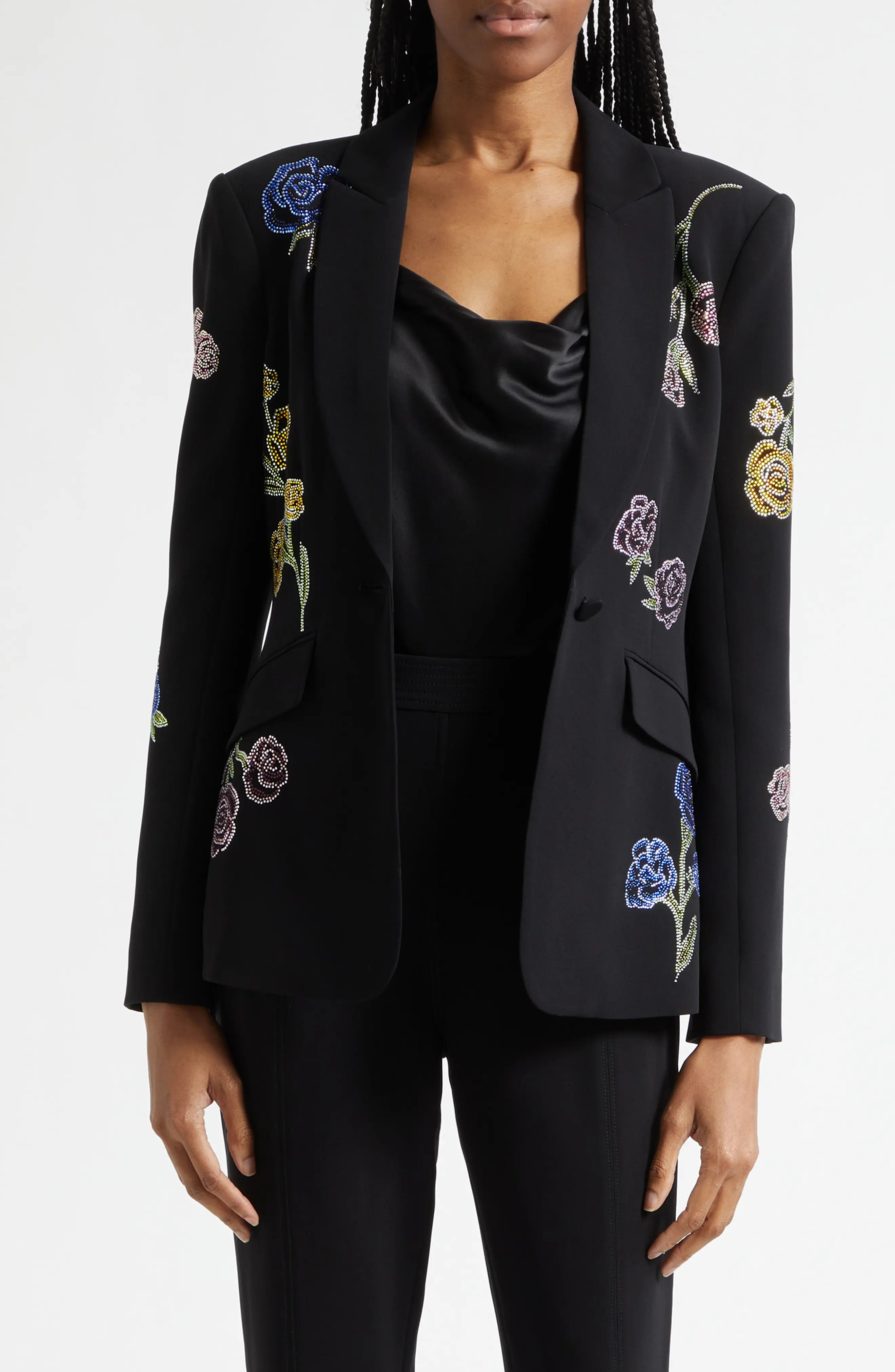 Cinq à Sept Floral Ribbons Diamante Crepe Jacket in Black Multi at Nordstrom, Size 6 | Nordstrom