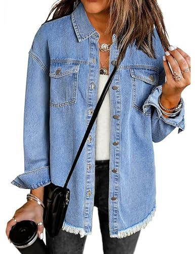 luvamia Denim Jacket for Women Oversized Button Down Casual Jean Shacket Jackets Long Sleeve Frayed Hem Western Trendy Fashion Long Jean Jacket For Women Wave Blue Size Large Fits US 12-14 | Amazon (US)