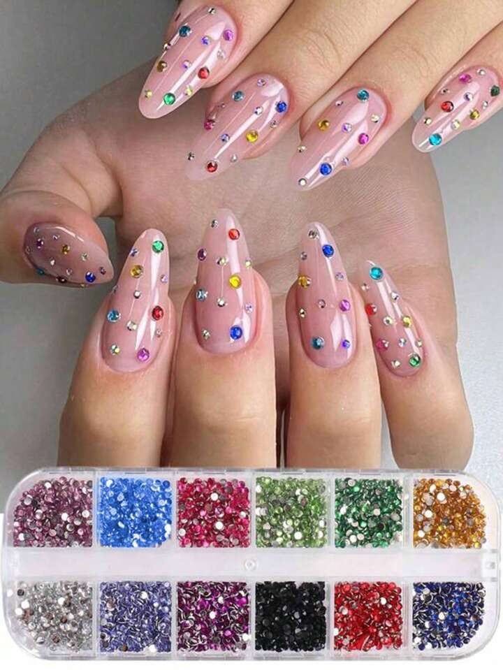 12 Boxes (2000 Pieces) Nail Flat Diamond Lake Blue Size Mixed Color Diamond Nail Tip Bottom Diamo... | SHEIN