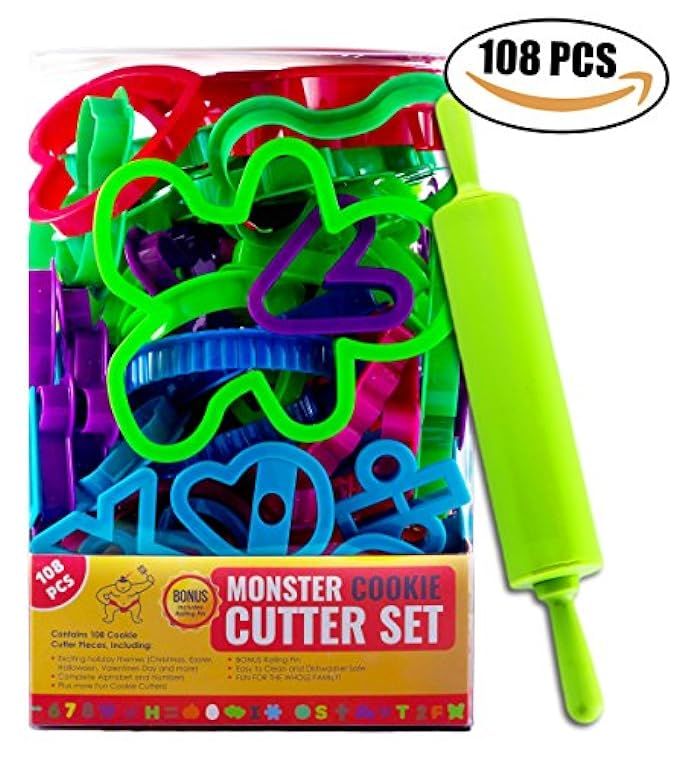 108 Count Cookie Cutters For Kids with Bonus 12" Rolling Pin - Monster Cookie Cutter Set For Kids wi | Amazon (US)
