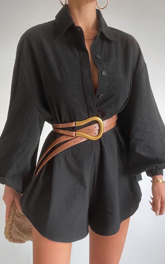 Anka Playsuit - Relaxed Button Front Shirt Playsuit in Black | Showpo (US, UK & Europe)
