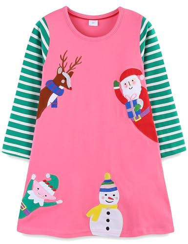 Kids Girl's Christmas Dress Outfits Long Sleeve Fall Winter Xmas Dresses Casual Clothing Tunic Clothes Pink Santa/Reindeer/Snowman Size 8-9 Years | Amazon (US)