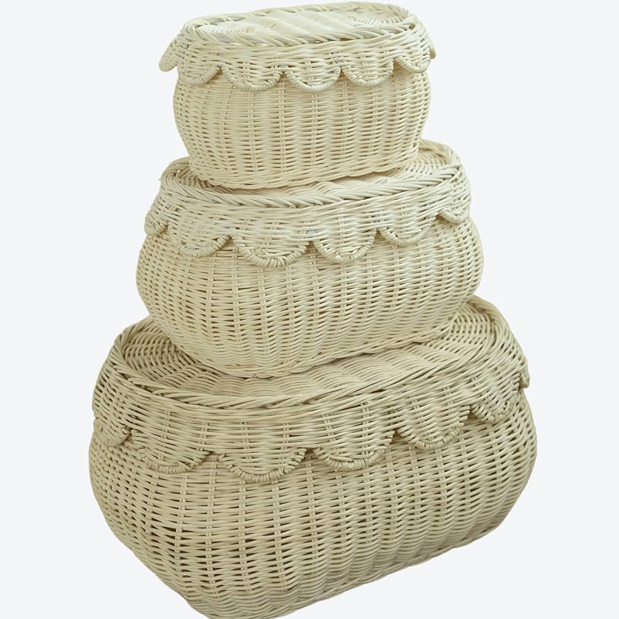 Scalloped Basket with Lid Set of 3,Storage Boxes for Shelves,Decorative Storage Boxes With Lids,R... | Amazon (US)