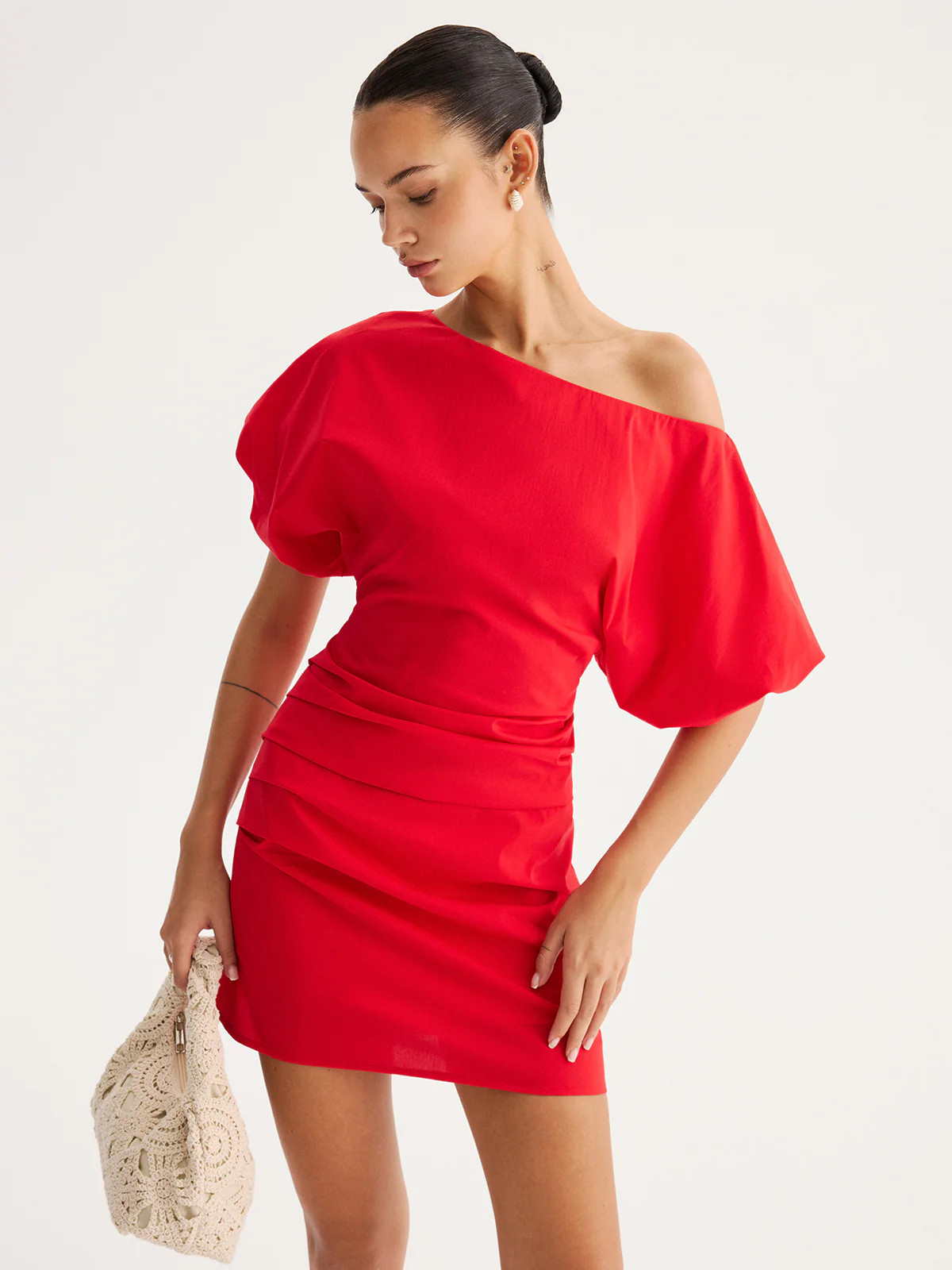Off Shoulder Puff Sleeve Ruched Mini Dress | Commense