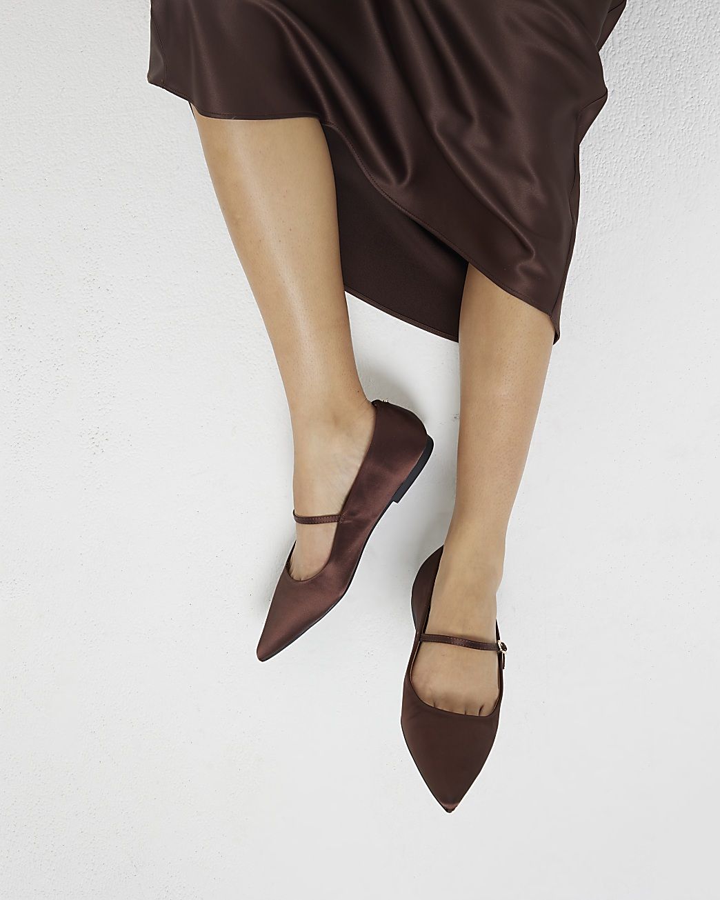 Brown satin pointed ballet pumps | River Island (UK & IE)