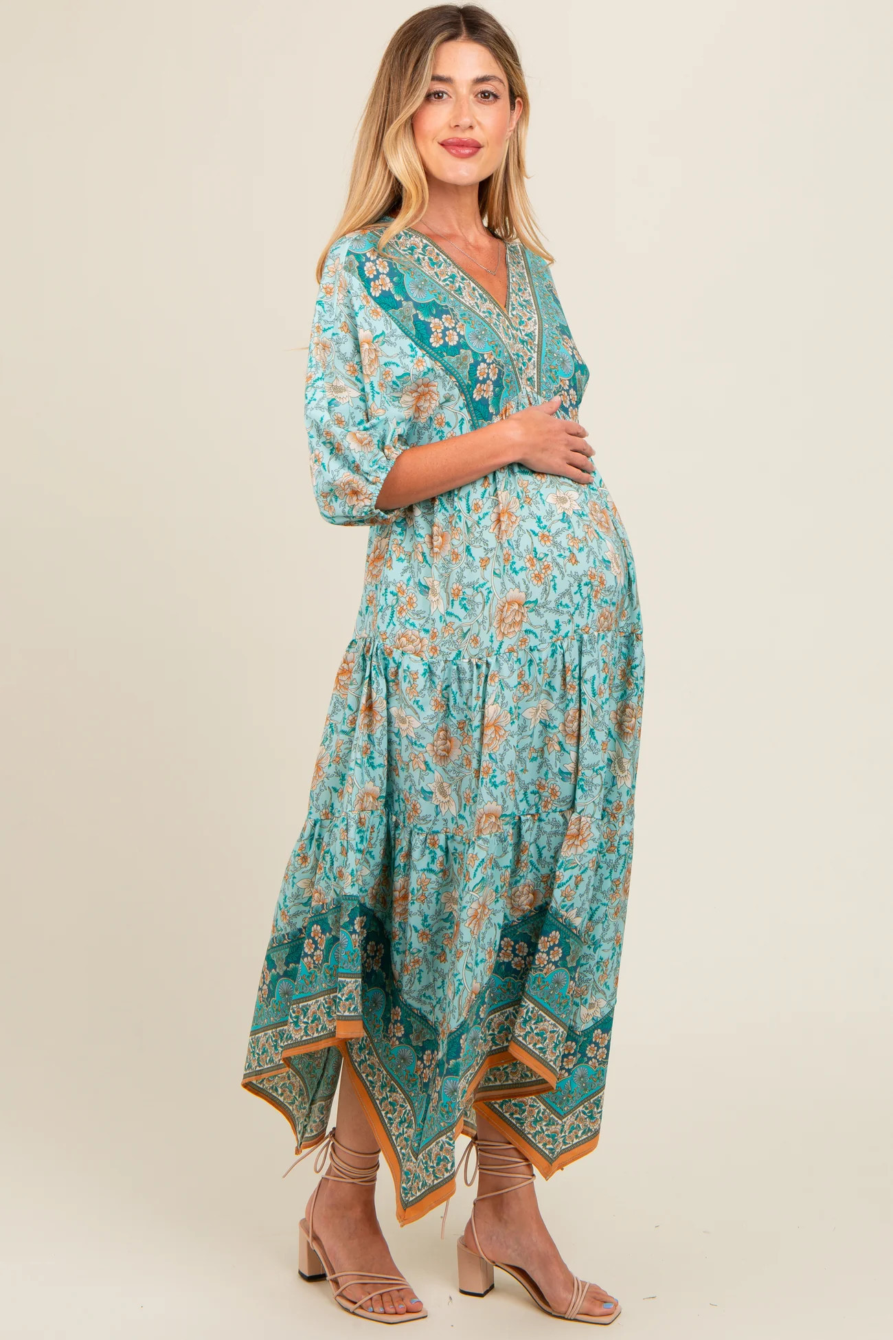 Aqua Floral Border Print V-Neck Tiered Maternity Midi Dress | PinkBlush Maternity