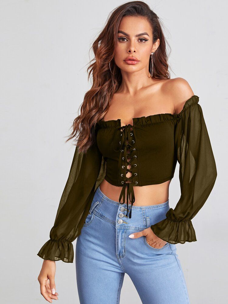 Lace Up Front Frill Trim Bardot Top | SHEIN