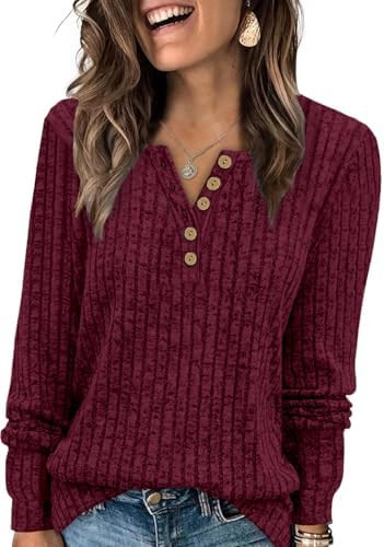 MixShe Womens Henley Sweaters 2025 Fall Winter Ribbed Knit V Neck Button Pullover Long Sleeve Top... | Amazon (US)