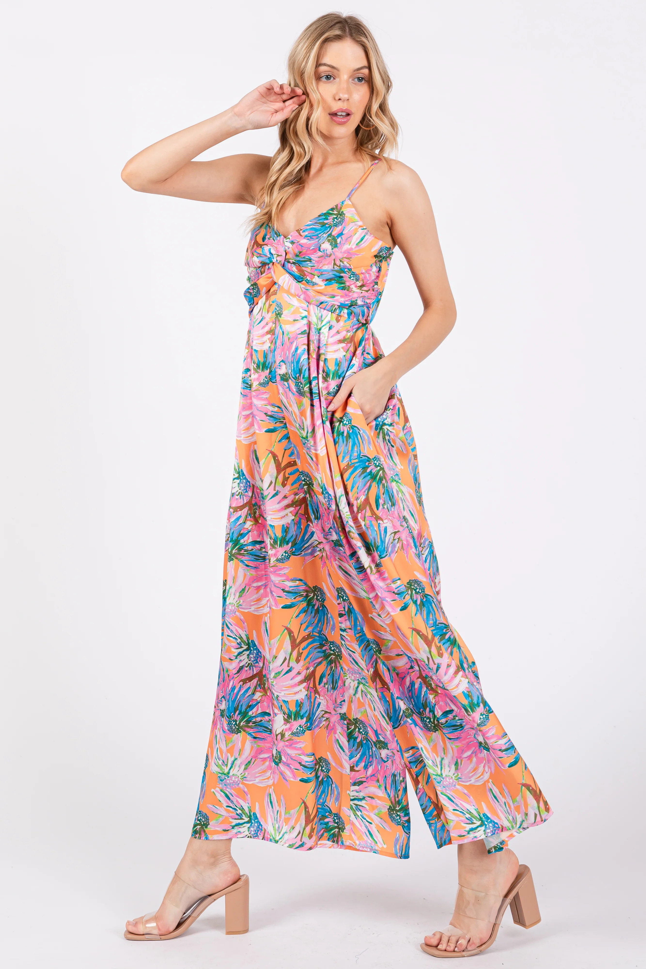 Orange Floral Front Twist Jumpsuit | PinkBlush Maternity