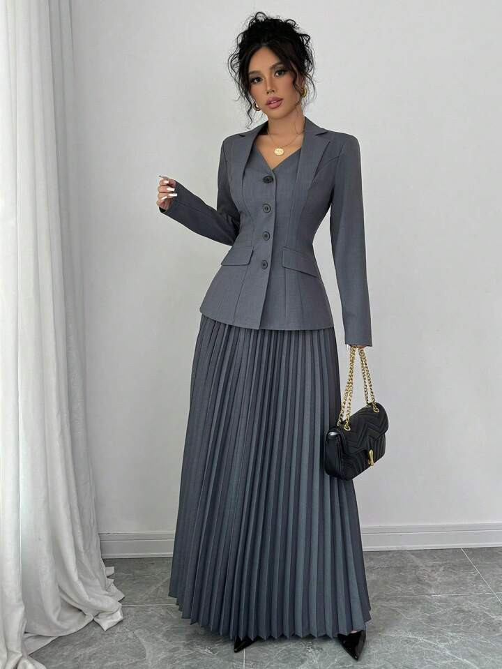 Elenzga 2pcs Elegant Women Blazer Jacket And Pleated A-Line Skirt Suit | SHEIN