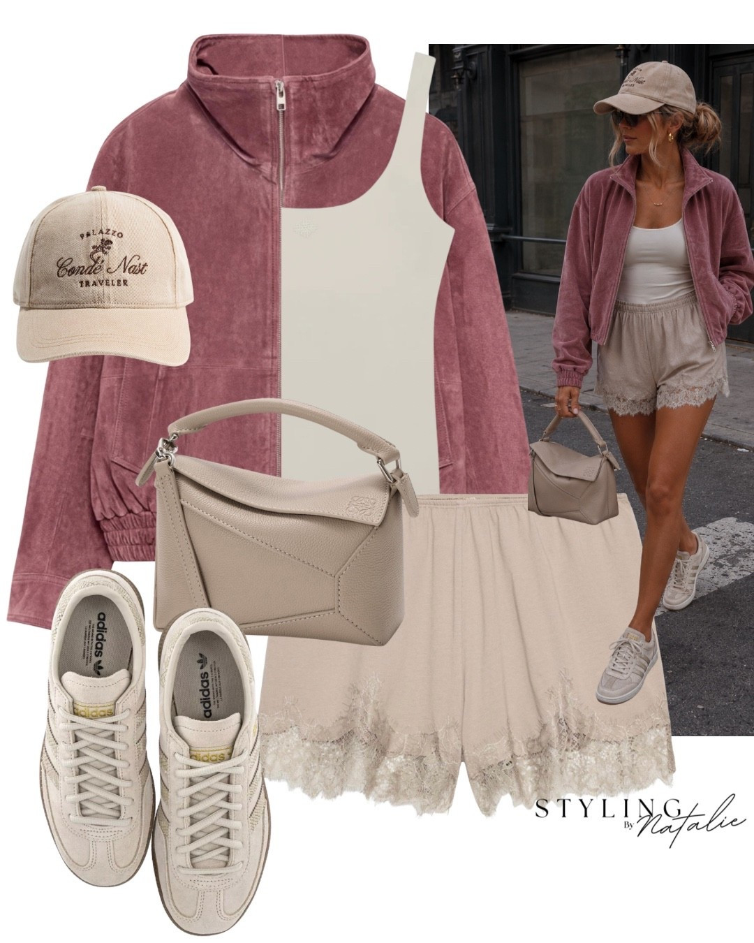 Suede bomber jacket, lace shorts, adidas Spezial trainers, baseball cap, and Loewe bag. 
Casual chic, elevated casual, early fall outfit, autumn outfit, summer, transitional look,

#LTKuk #LTKautumn #LTKFashionMonth