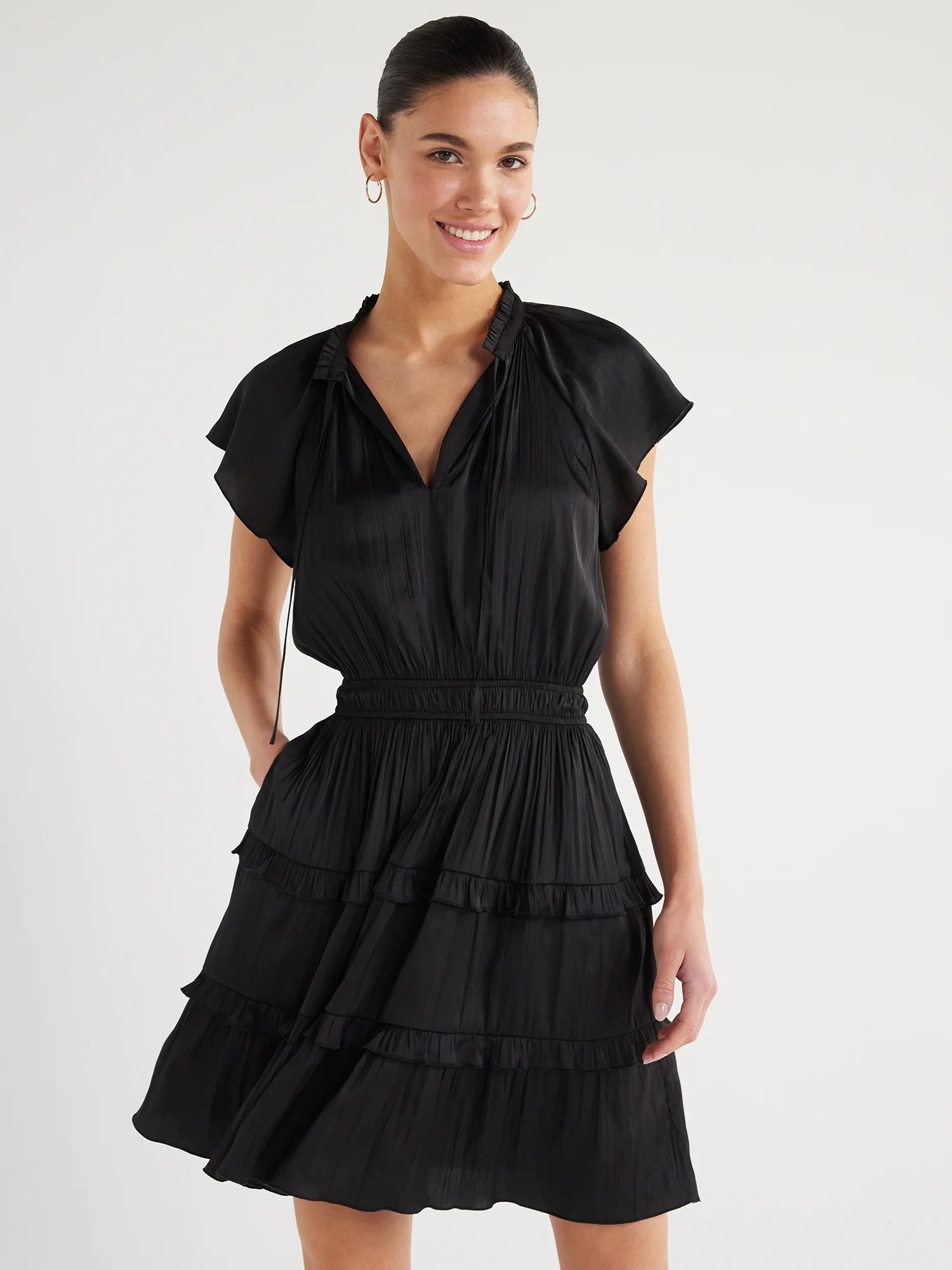 Scoop Women's Satin Mini Ruffle Dress with Cap Sleeves, Sizes XS-XXL - Walmart.com | Walmart (US)
