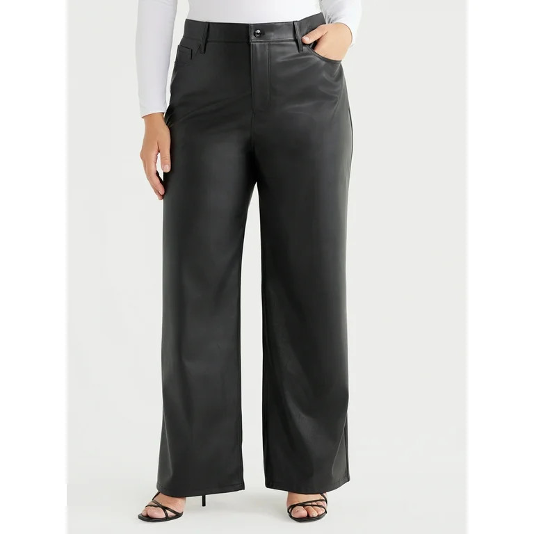 Sofia Jeans Women's Plus Size Diana Palazzo Super High Rise Faux Leather Pants, 32.5" Inseam, Siz... | Walmart (US)