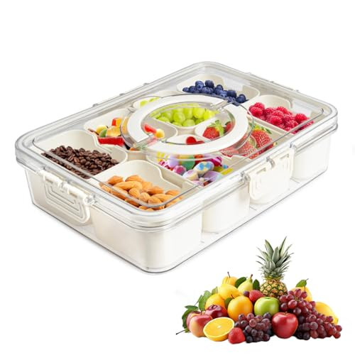Divided Serving Tray with Lid and Handle - Snackle Box Container for Party, Travel, and Storage - Portable Snack Box Organizer for Fruits, Nuts, and Candy | Amazon (US)