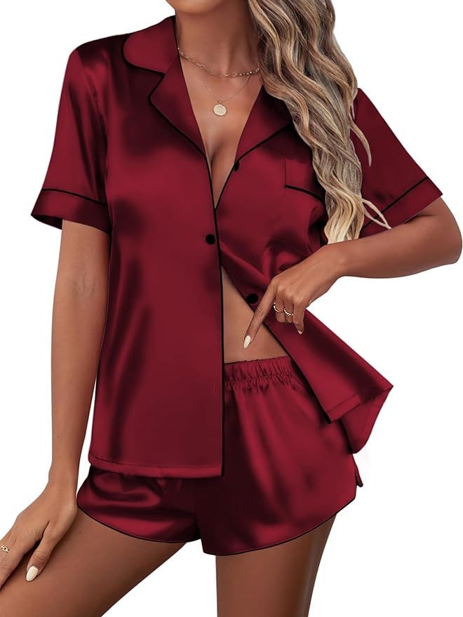 Ekouaer Womens Silk Satin Pajamas Set Short Sleeve Sleepwear Button Down Loungewear 2 Piece Pjs S... | Amazon (CA)