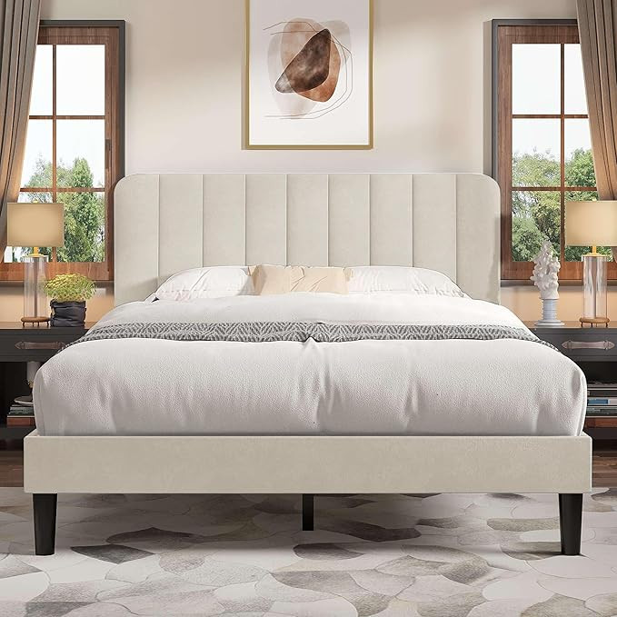 VECELO Full Size Bed Frame with Upholstered Headboard, Velvet Platform Bedframe Mattress Foundati... | Amazon (US)