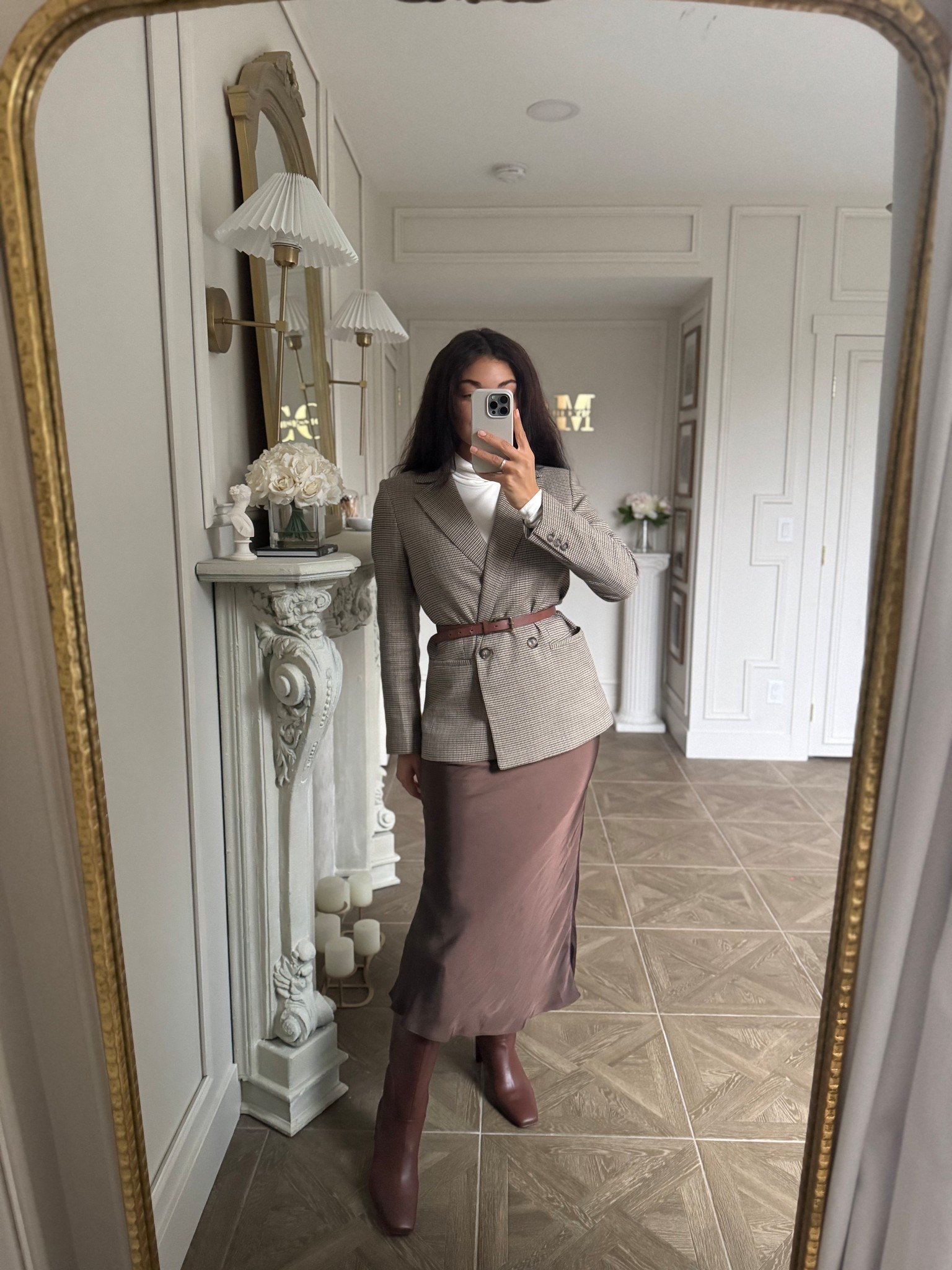 Style your satin slip skirt in a chic way with tall boots, a turtleneck, and a belted houndstooth blazer

#LTKootd #LTKSeasonal