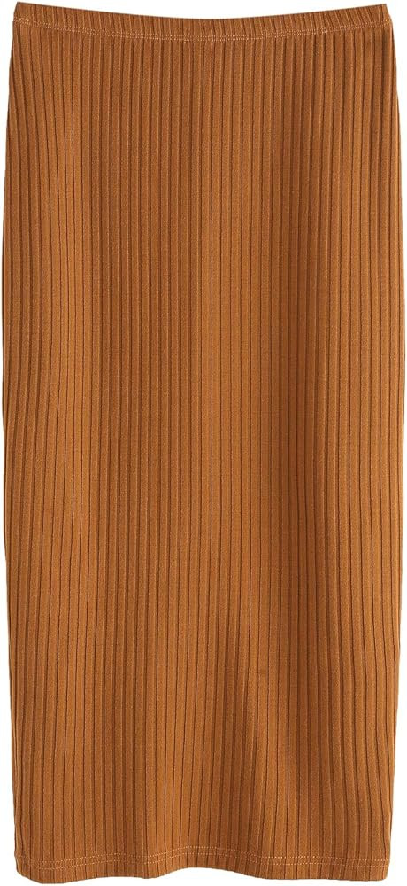SheIn Women's Basic Plain Stretchy Ribbed Knit Split Full Length Skirt | Amazon (US)