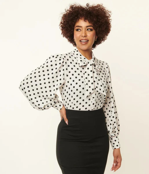 Unique Vintage 1940s White & Black Polka Dot Neck Tie Gwen Blouse | UniqueVintage