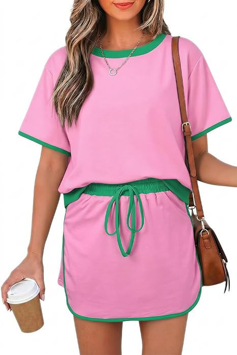 Opemiby Womens 2 Piece Skort Set 2026 Color Block Short Sleeve Top Drawstring Skort Matching Sets... | Amazon (US)