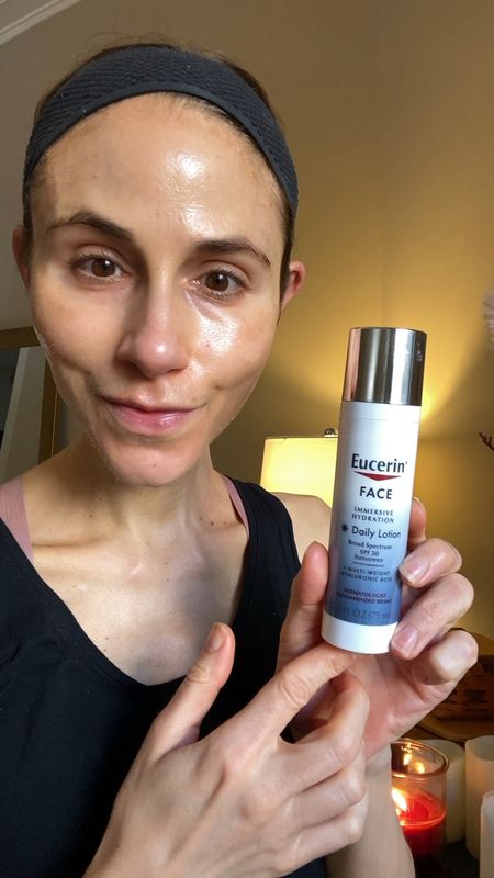 Eucerin Immersive Hydration Daily Lotion SPF 30 fragrance free moisturizer with sunscreen. Organic (chemical) broad spectrum sunscreen in a hydrating base with a dewy finish. Not water resistant. Slight stinging in the eyes at the end of the day. No white cast. #skincare 

#LTKbeauty #LTKVideo #LTKfindsunder50