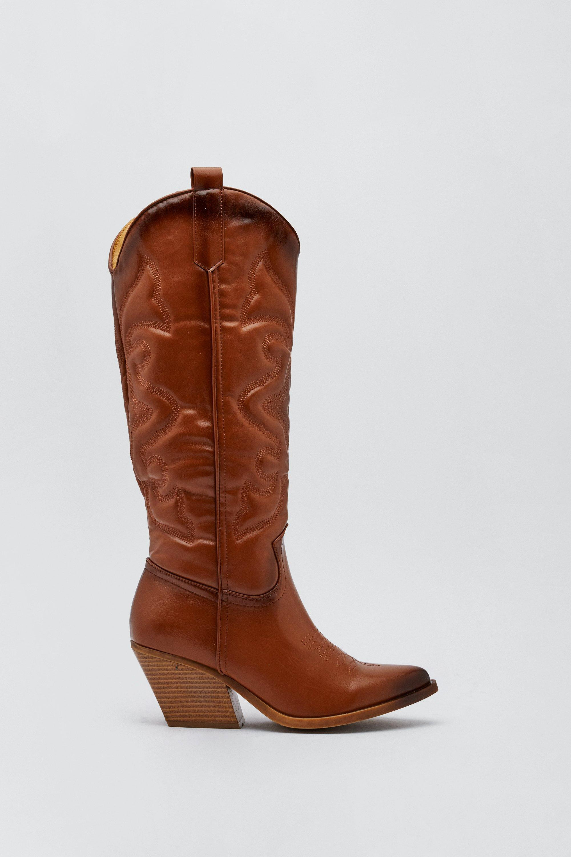 Faux Leather Knee High Cowboy Boots | Nasty Gal (US)