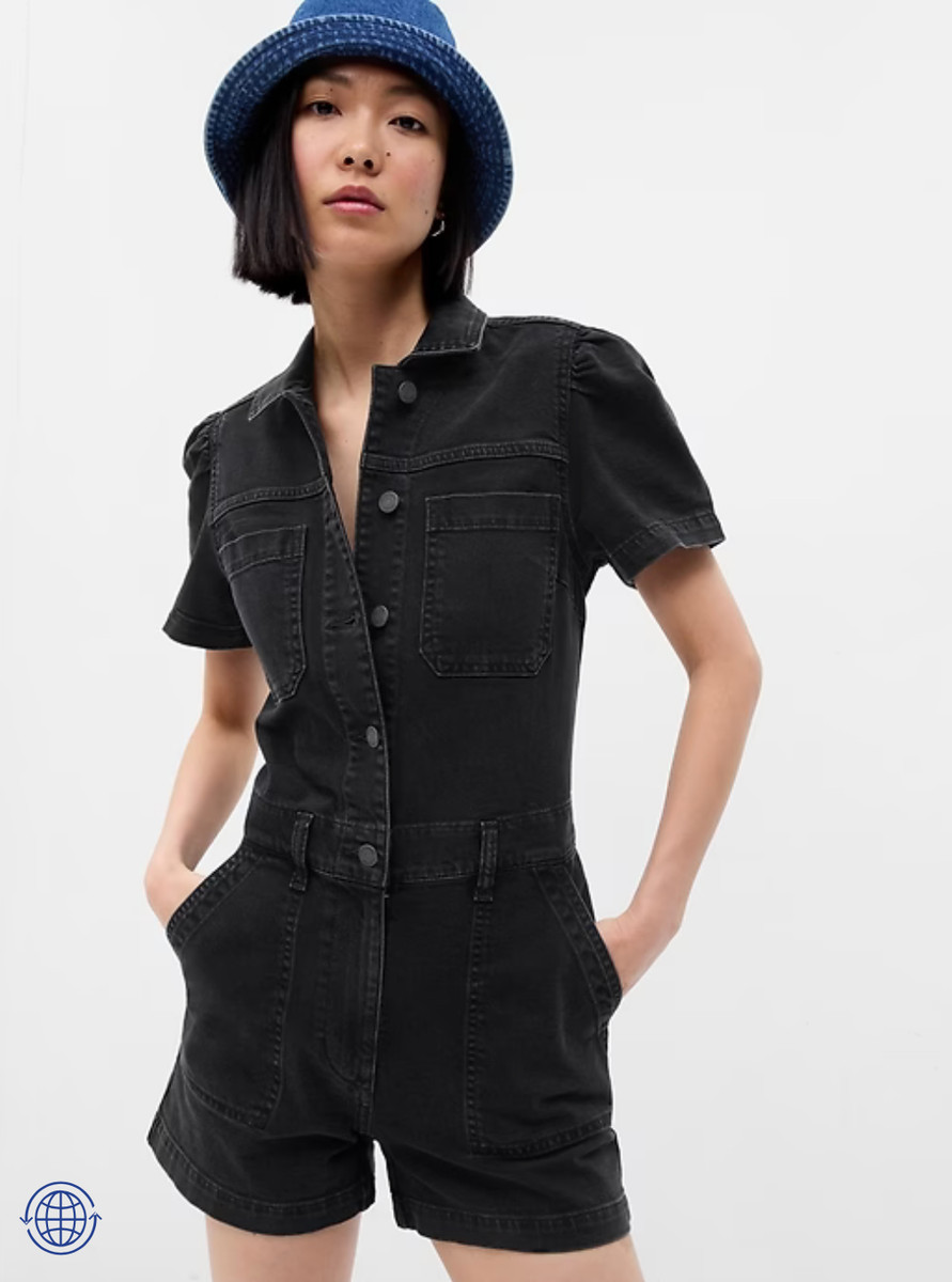 NWT Gap $79.95 Women's Puff Sleeve Denim Romper with Washwell, Black Wash, Sz 6P  | eBay | eBay US