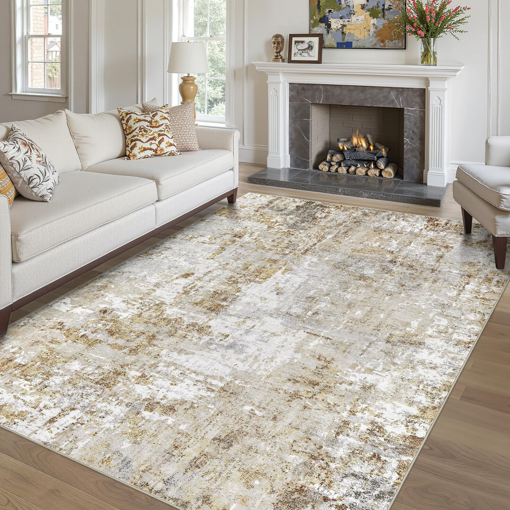 5x7 Rug for Living Room : Soft Abstract Washable Non-Slip Durable Rugs, Neutral Modern Indoor Car... | Amazon (US)