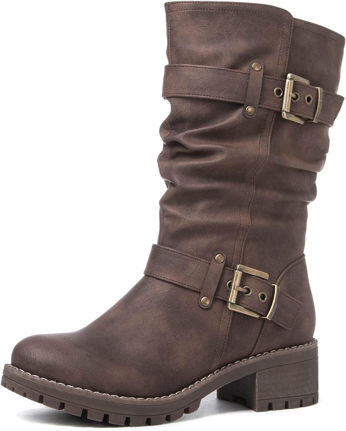 GLOBALWIN Women's Mid Calf Moto Boots With Buckle Straps | Amazon (US)