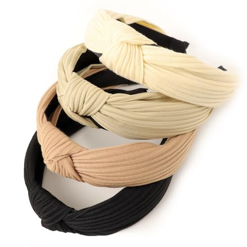 DRESHOW 4 Pack Knotted Headbands For Women Wide Turban Headband Yoga Exercise Ribbing Head Wraps Hair Bands Accessories | Amazon (US)