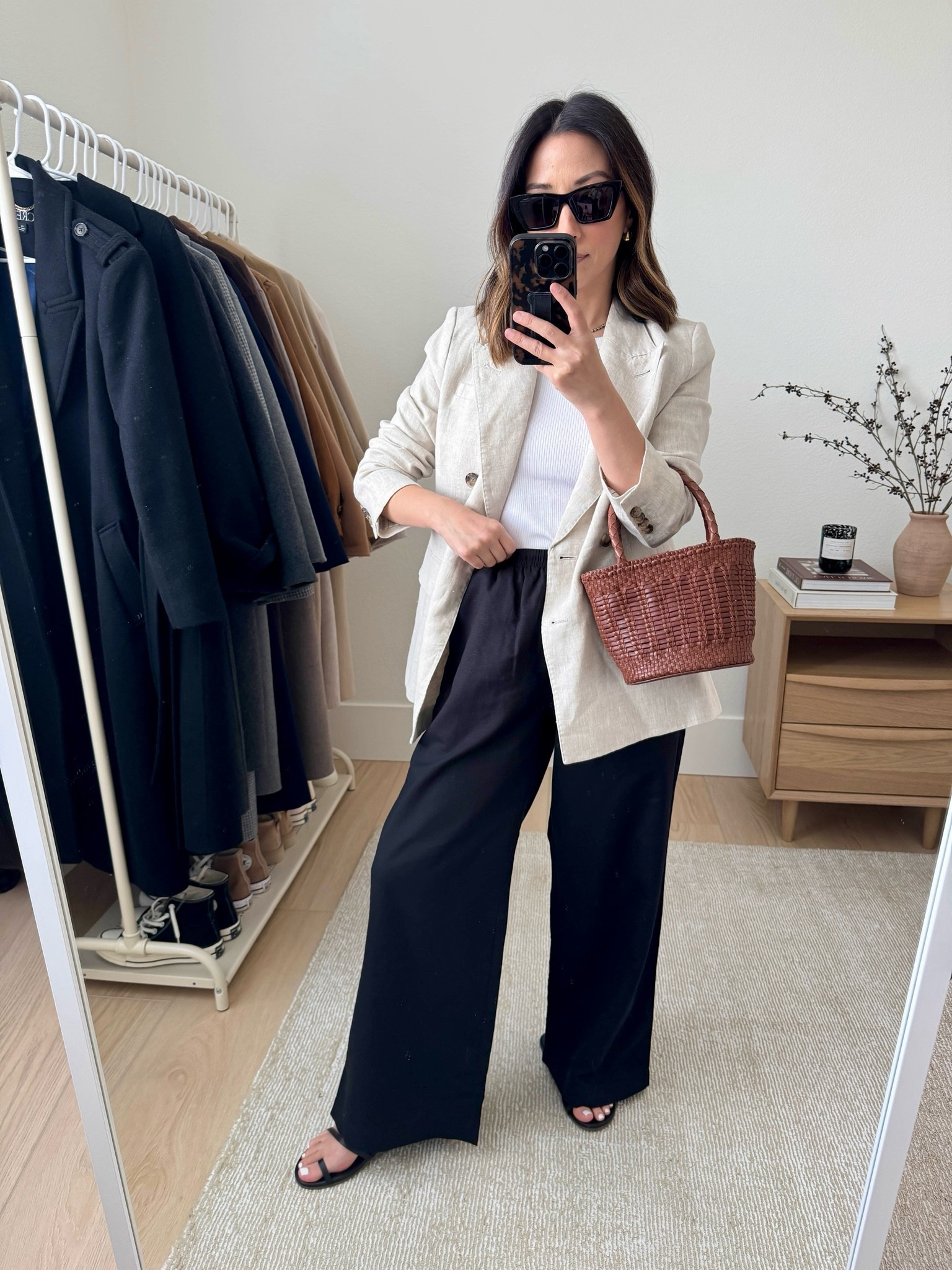 European travel capsule outfit. This is for more of spring time, but you can take bits and pieces out if you go in the summer.

Banana Republic linen blazer petite 4 (old, linked similar)
Levi's tank small (old)
Uniqlo pants xs 25.5" inseam
Tkee sandals 5
J.Crew woven bag (old)
YSL Sunglasses

Petite style, summer outfits, summer style

#LTKPetite #LTKTravel #LTKootd