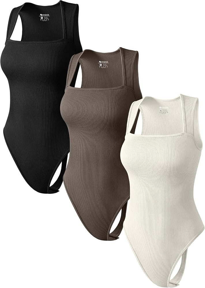 OQQ Women's 3 Piece Bodysuits Sexy Thongs Ribbed Strappy Square Neck Tummy Control Bodysuits | Amazon (US)