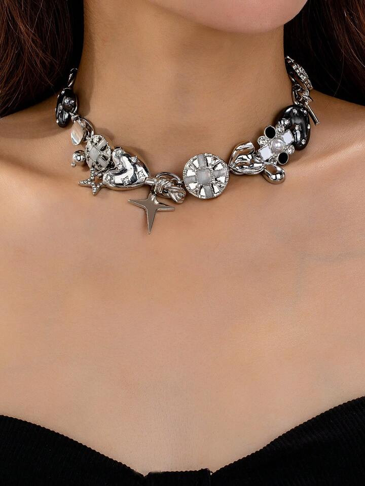 1pc Vintage Heavy Industry Hip-Hop Punk Style Chains With Heart, Flower And Star Pendants, Party Music Festival Accessory For Women | SHEIN