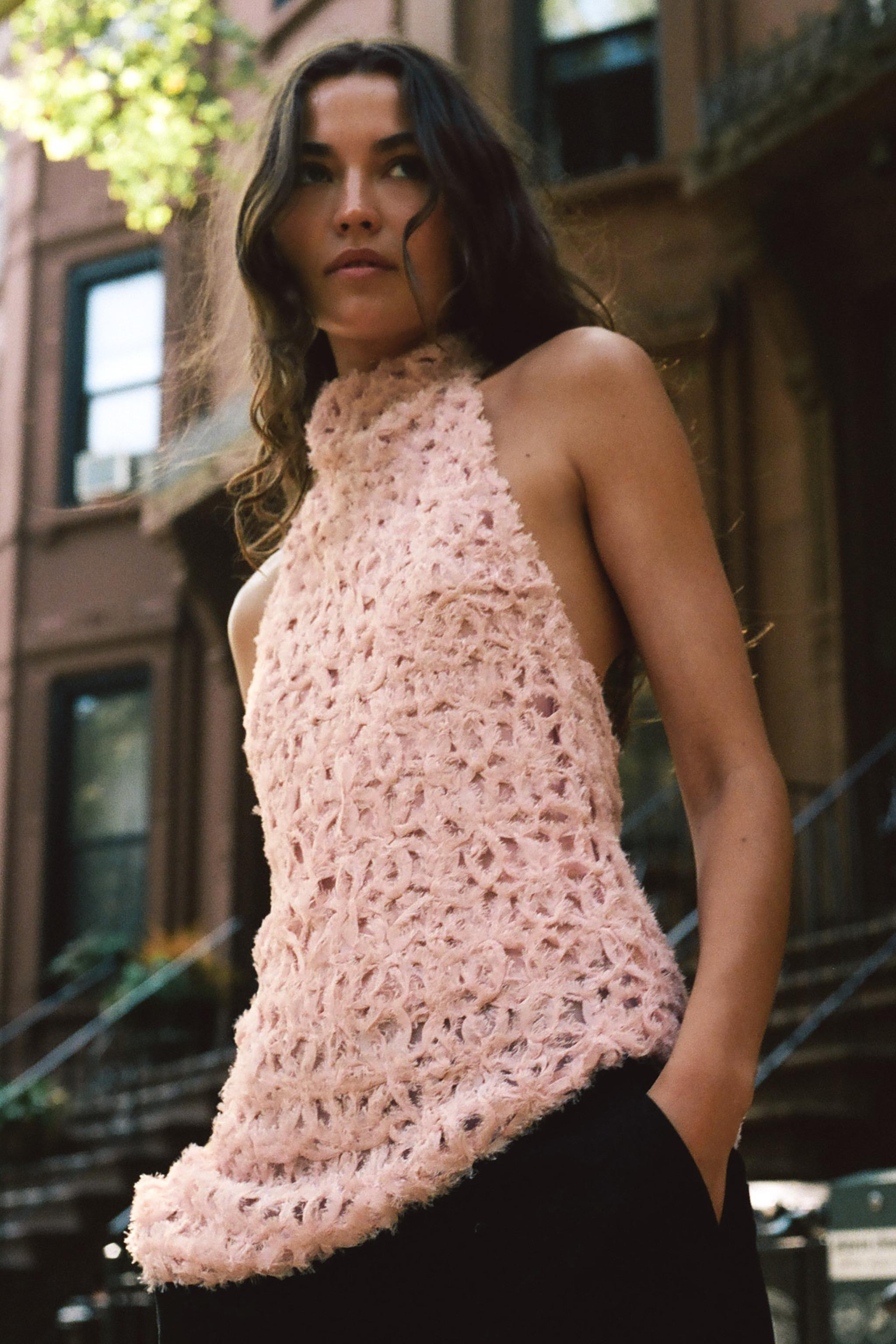 Halter neck top with an open back. Features tonal textured appliqu\u00e9. Asymmetric hem. | Zara US