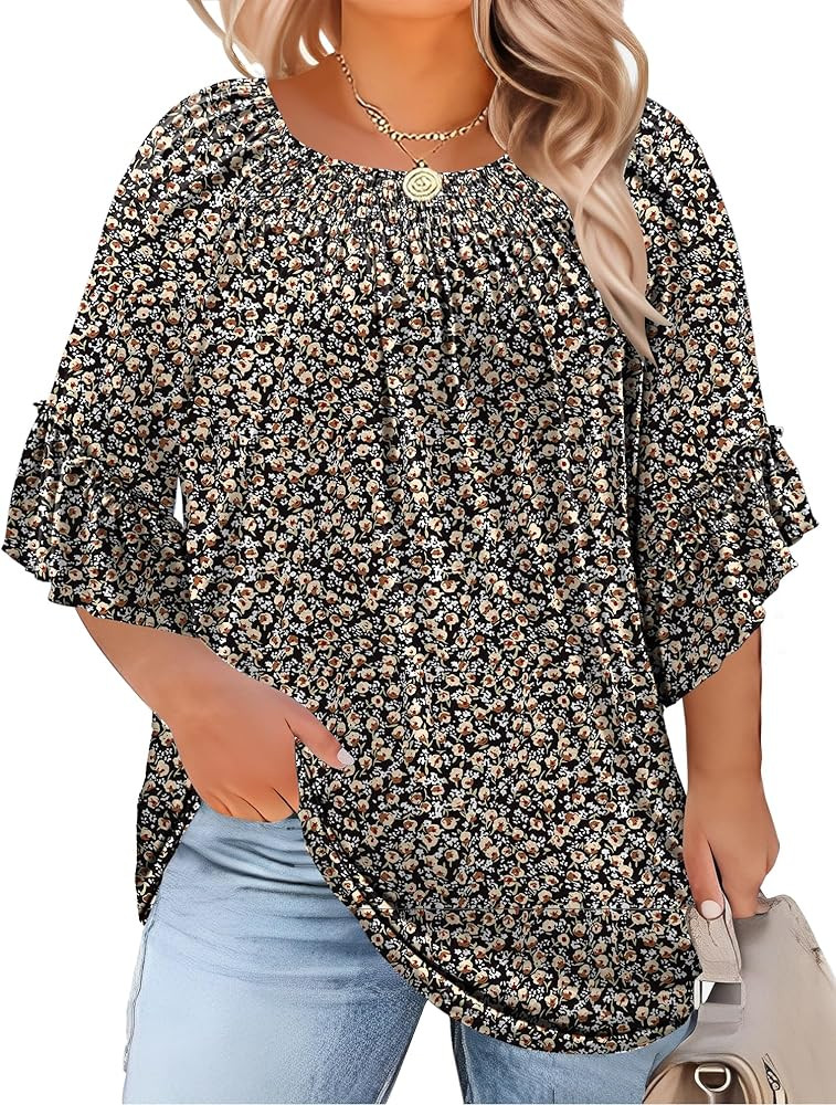 Micoson Womens Plus Size Tops 3/4 Ruffle Sleeve Shirts Crewneck Pleated Blouses Dressy Casual Fas... | Amazon (US)