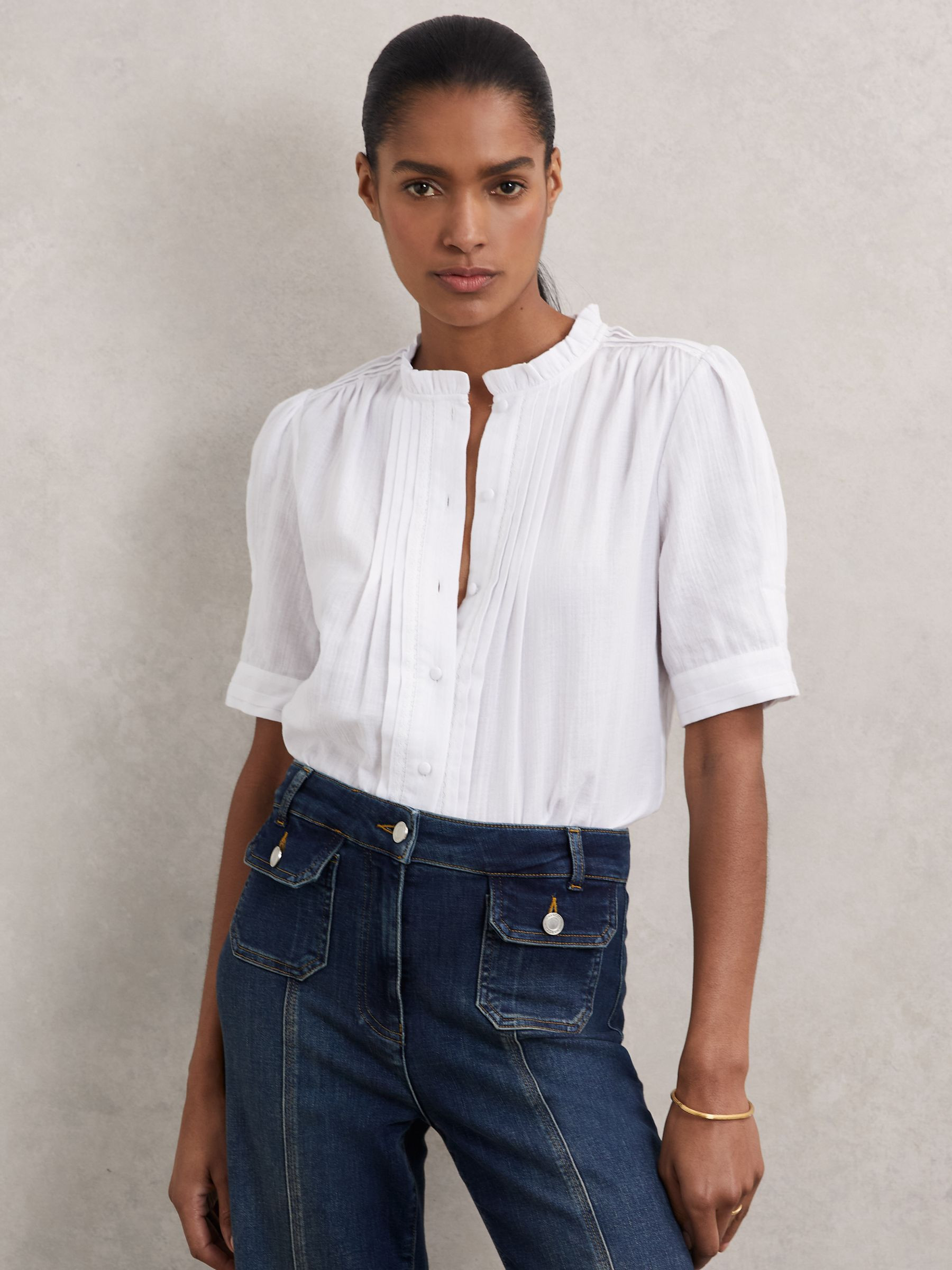 Reiss Cotton Cheesecloth Frill-Neck Top in Ivory - REISS | Reiss UK