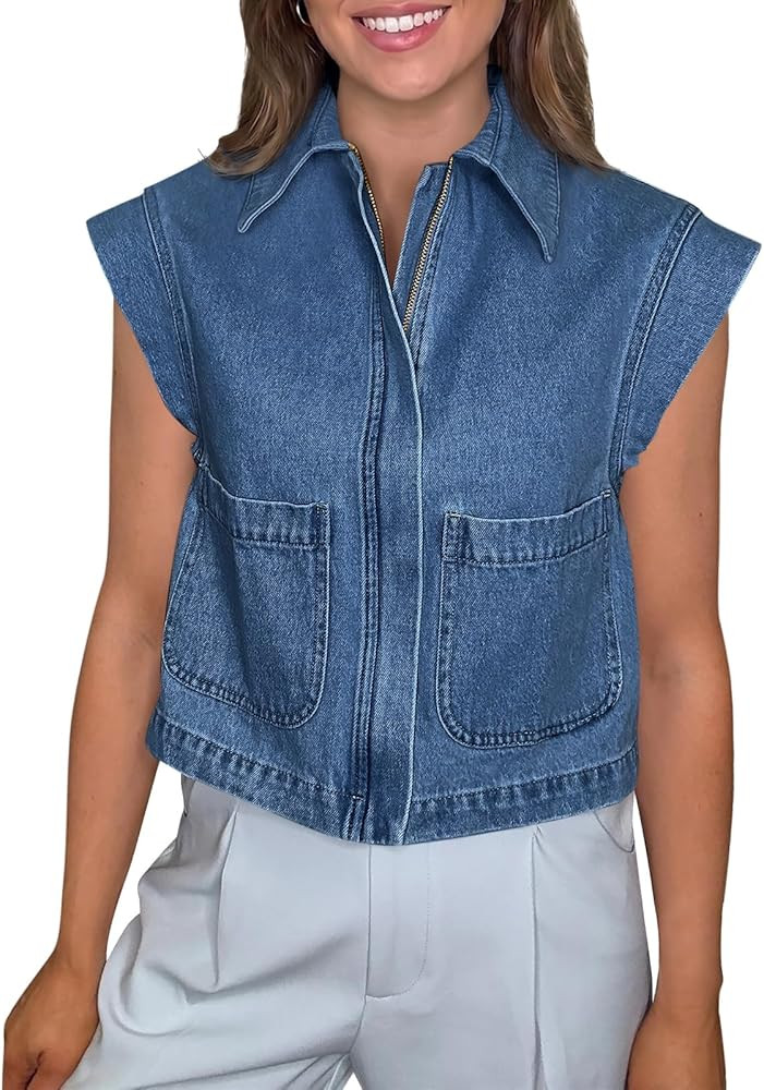 Tankaneo Womens Zip Up Denim Vest Top Summer Cap Sleeve Cropped Jean Vests Jacket Trendy Casual S... | Amazon (US)