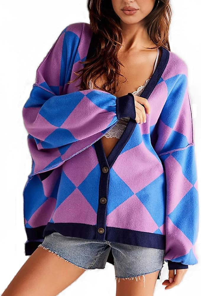 Women Oversized Color Block Cardigan Long Sleeve Button Down Checkered Sweater Outwear with Pocke... | Amazon (US)
