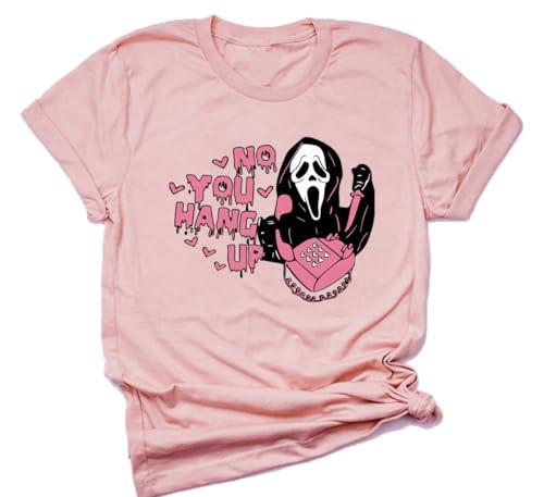 No You Hang Up Scream Halloween Shirts for Women Spooky Ghost face Horror Scary Movie Tee Shirt Clothes (L, Pink1) | Amazon (US)