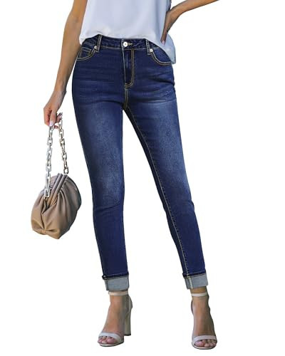 Luvamia Skinny Jeans for Women - Dark Blue Denim Pants with Folded Hem, Stretchy, Cute Fit - Size X-Large (Fits 16/18) | Amazon (US)