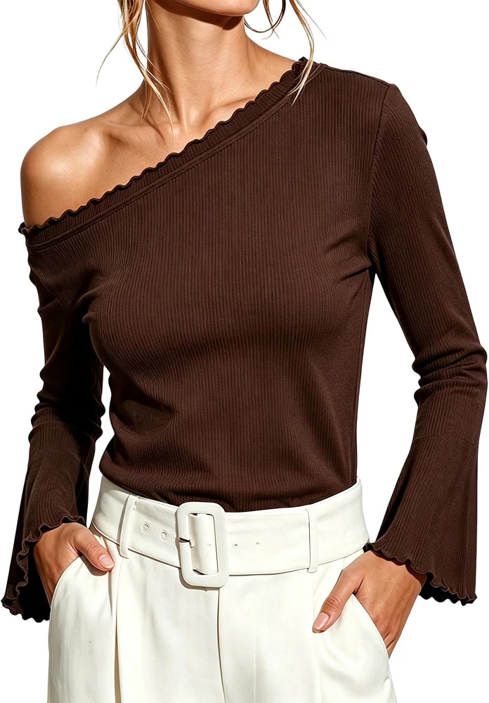 INFITTY Womens Off Shoulder Tops Ribbed Knit Ruffle Bell Long Sleeve Shirt | Amazon (US)