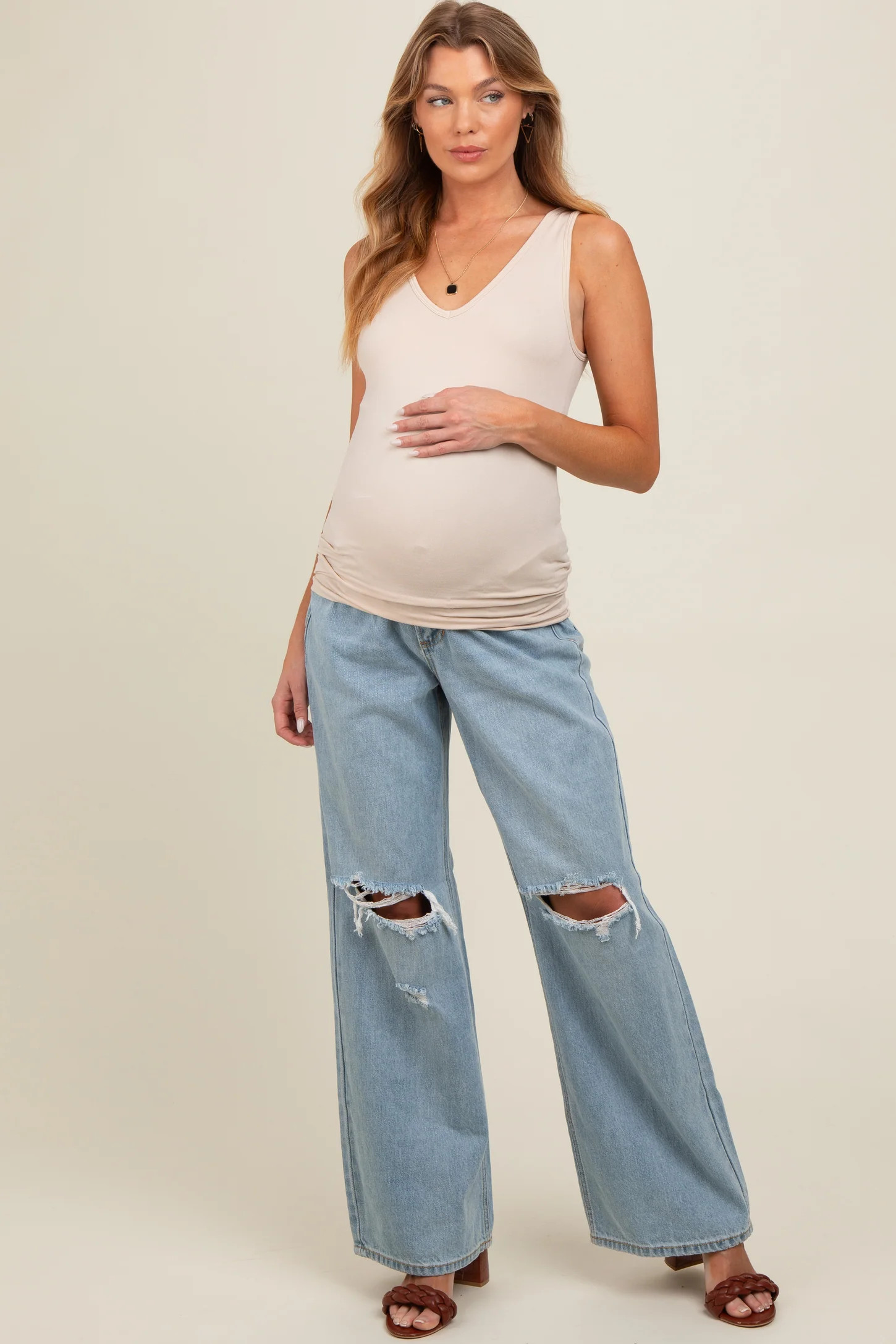Light Blue Open Knee Relaxed Wide Leg Maternity Jeans | PinkBlush Maternity
