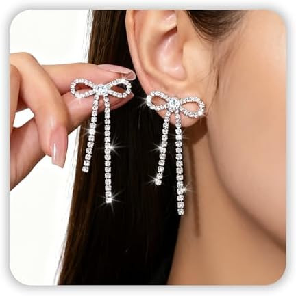 Gold/Silver Earrings for Women, Bow Drop Dangle Long Rhinestone Ribbon Threader Chain Stud Earrin... | Amazon (US)